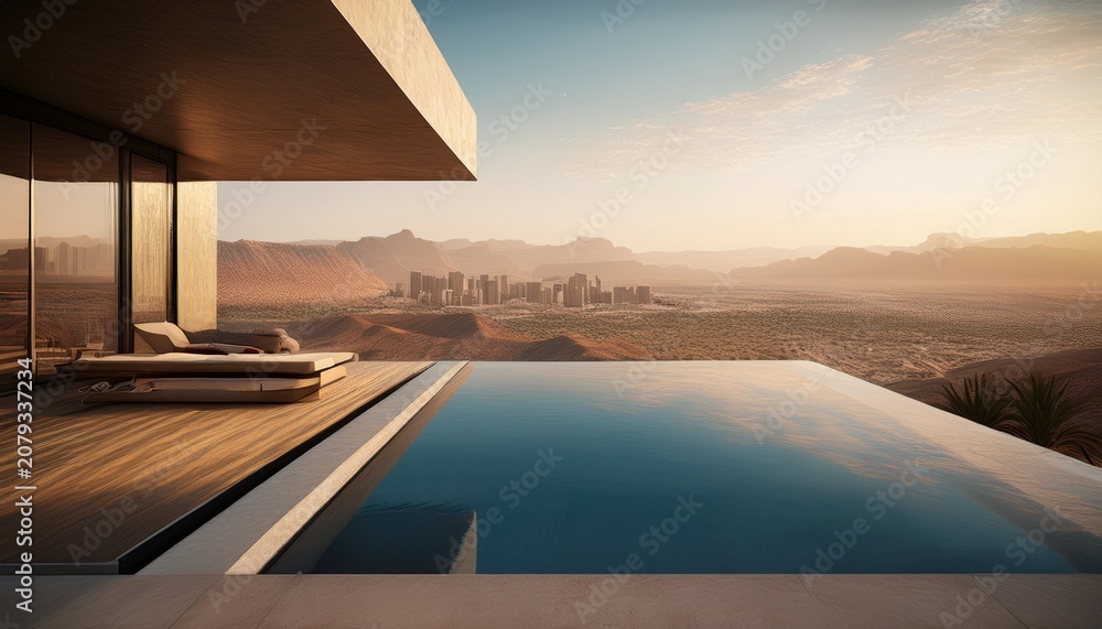 Fototapeta premium modern geometric concrete home overlooking desert cityscape with swimming pool