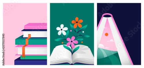 Books posters set. Vector templates for book fair or festival, reading club, library event. Stack of books, open textbook with flowers, fantasy novel with landscape. Collection of illustrations