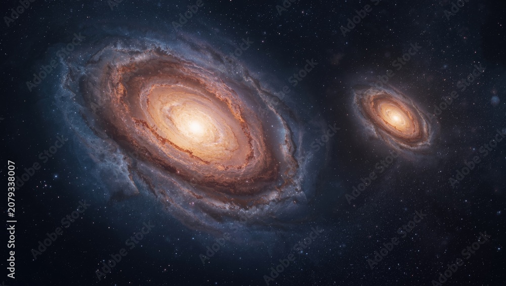 Fototapeta premium two spiraling galaxies glowing softly in the dark sky