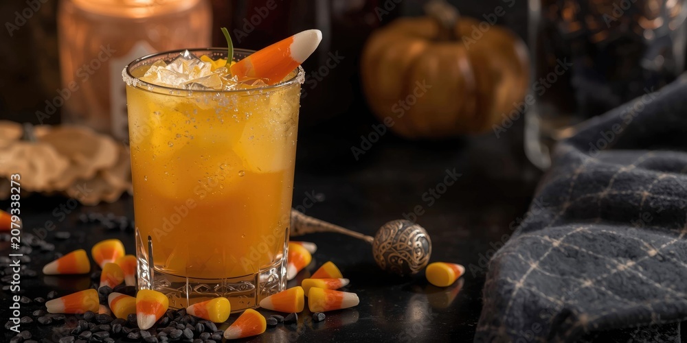 Fototapeta premium Seasonal Halloween Candy Corn Tequila Sunrise Cocktail with Decorative Topping