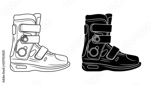 Tableau sur toile Orthopedic Walking Boot: A detailed illustration showcasing an orthopedic walking boot in both line art and silhouette, designed for stability and recovery