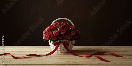 Basket of red roses with ri...