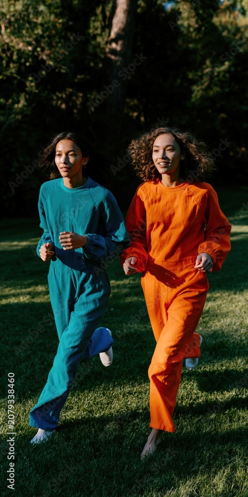 Fototapeta premium Two women jogging in bright teal and orange jumpsuits on grass for fitness lifestyle background and outdoor activity banner