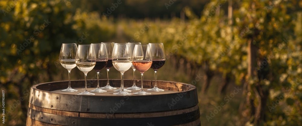Fototapeta premium Wide shot of white, rosÃ©, and red wine glasses set on rustic barrel in natural setting