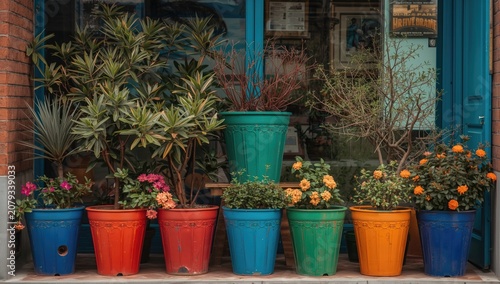 Colorful flower pots arrang...