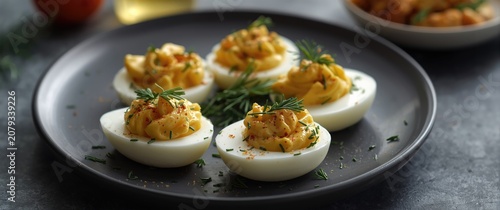 Deviled eggs garnished with...