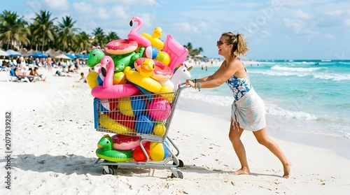Woman pushing shopping cart full of colorful inflatable toys on a sunny beach