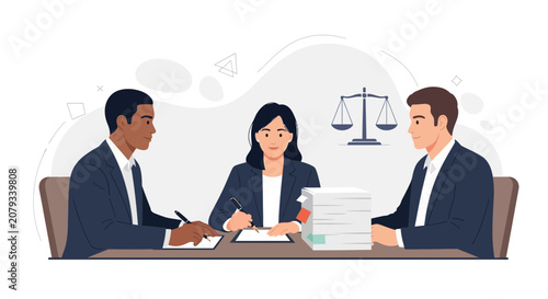 Lawyers reviewing documents at desk with scales of justice and stack of papers, vector illustration.