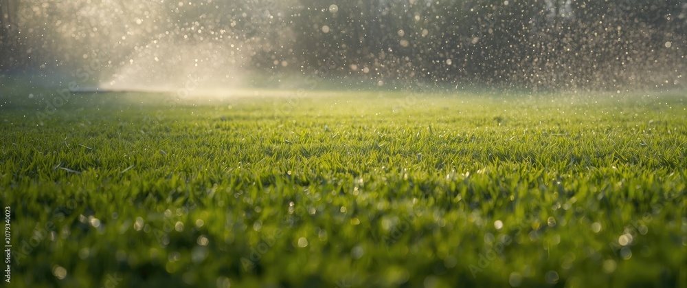Obraz premium Vibrant grass fairway covered in water mist from garden sprinklers