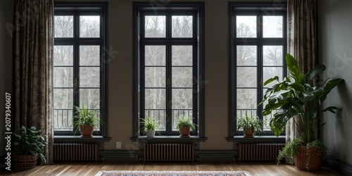 Three large windows with pl...