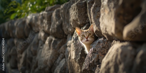 Cat peeking out from a ston...