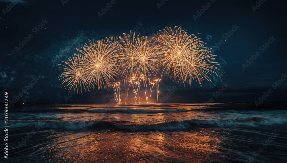 Obraz premium Luminous fireworks lighting the dark sky with sparkling ocean reflections
