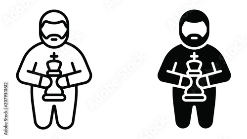 Photos King's Gambit Icon: A stylized icon depicting a bearded man holding a chess king piece, presented in both outline and solid black versions, symbolizing strategy and leadership