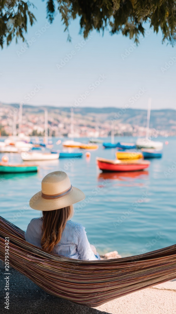 Obraz premium A serene view of a woman relaxing in a hammock, overlooking colorful boats on calm waters
