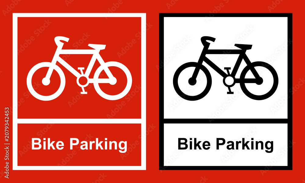 Fototapeta premium Bike parking sign icons featuring white and black bicycle symbols with bold parking text, minimalist public transportation and cycling facility way finding signage isolated on a red background.