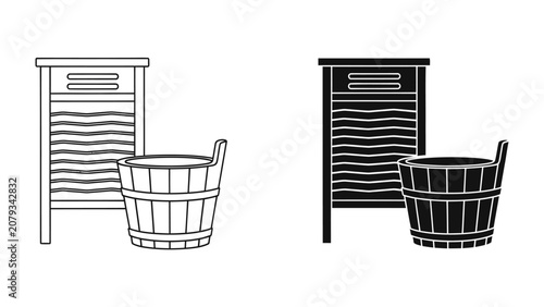 Fotografie Vintage Laundry Set: A rustic wooden washboard and a traditional wooden wash tub, rendered in both line art and silhouette, evoke a sense of nostalgic domesticity and the simplicity of bygone chores