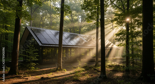 Eco-friendly modern house with solar panels in a sunlit forest and beautiful light rays