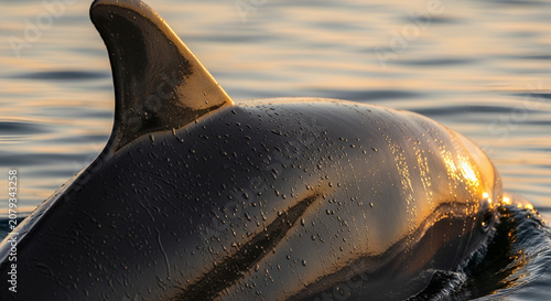 Dolphin dorsal fin and wet skin shimmering in golden sunset light