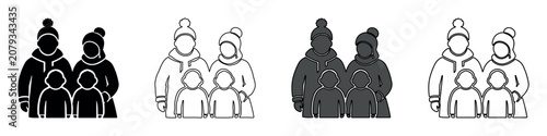 Tableau sur toile Family of four wearing winter clothing and hats with pom-poms