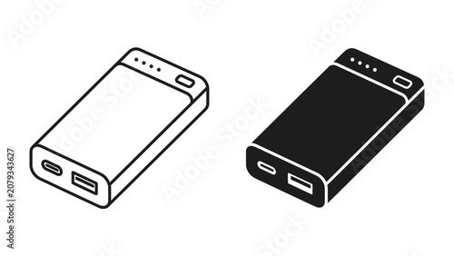 Canvastavla Power Bank Illustration: A minimalist line drawing and solid silhouette illustration of a portable power bank, showcasing its compact design and charging ports