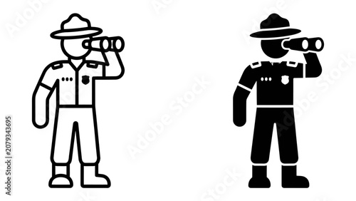 Photos Ranger Looking Through Binoculars: A stylized illustration depicts a park ranger in uniform, wearing a hat and boots, attentively using binoculars to observe the surroundings