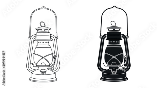 Bild auf Leinwand Vintage Lantern Set: A detailed illustration of a vintage oil lantern in both outline and silhouette, perfect for conveying a sense of history, light, and utility