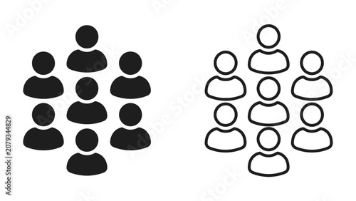 Photography Group of People Iconography: Two simplified icons depicting a group of people, one solid black and the other outlined, symbolizing community or teamwork