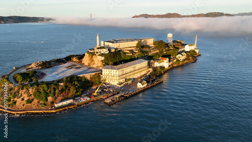Alcatraz Island In San Francisco California United States. Bustling Downtown Cityscape With Modern Buildings. Business Sky Downtown Cityscape. Business Panning Wide. San Francisco California.