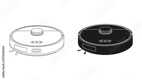 Schilderij op canvas Robot Vacuum Cleaner Icons: A pair of icons depicting a robot vacuum cleaner, one in outline and the other in silhouette, represent smart home cleaning technology