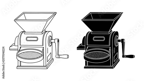 Tableau sur toile Vintage Grain Mill, Outline and Silhouette: A classic hand-crank grain mill depicted in both a detailed line drawing and a solid silhouette, showcasing its essential components for processing grains