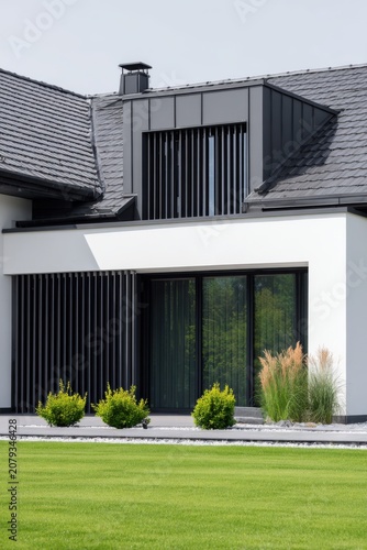 Modern house design features clean lines and large windows in a green landscape during daytime showing the exterior and garden area