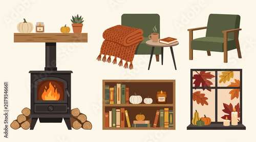 Cozy autumn home interior elements set with fireplace armchair bookshelf and window.