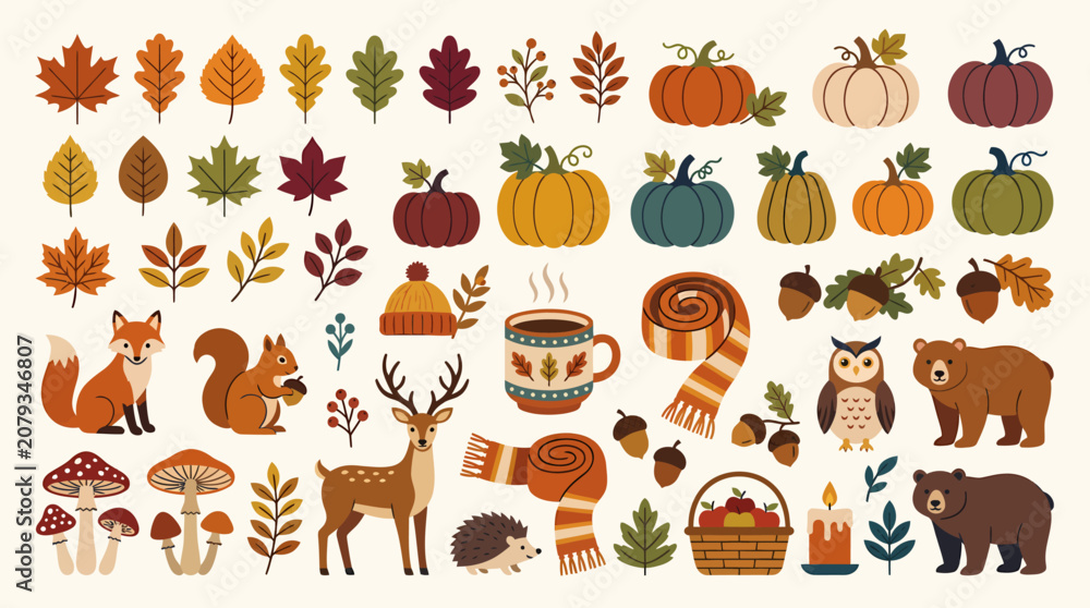 Fototapeta premium Cute autumn vector illustration set with forest animals pumpkins and colorful fall leaves.
