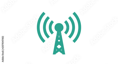 Minimalist green icon of a communication tower emitting radio waves for digital connectivity.