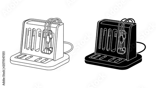 Fotografie Charging Station Illustration: A clean line illustration and silhouette of a modern charging station with multiple ports, designed for charging various devices