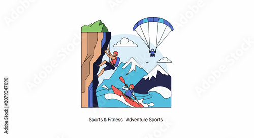 Outdoor athletes climb rocks kayak on water and paraglide above mountains