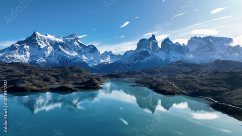 National Park In Torres Del Paine Puerto Natales Chile. Stunning Countryside Life Landscape Viewed From Above. Outdoor Travel Destination Patagonia Glacier. Exploration Patagonia Above View.