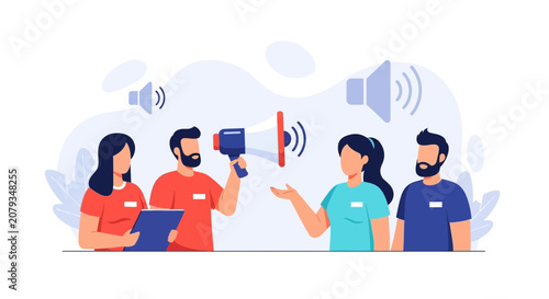 Team communicating with megaphone and sound waves, concept of announcement, public relations, marketing, and teamwork