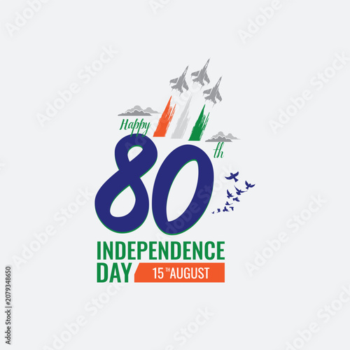 Creative 80th India Independence Day design featuring tricolor accents, fighter jets, birds and bold typography. Patriotic celebration artwork isolated on a light background.