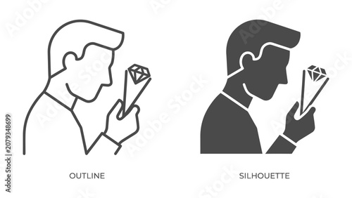Konstfotografi Jeweler Inspecting a Diamond: A person's profile, shown in both outline and silhouette, carefully examines a sparkling diamond held in a small holder