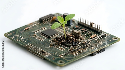 A small green plant sprouts from a mound of soil placed on an old electronic circuit board representing the harmonious integration of nature