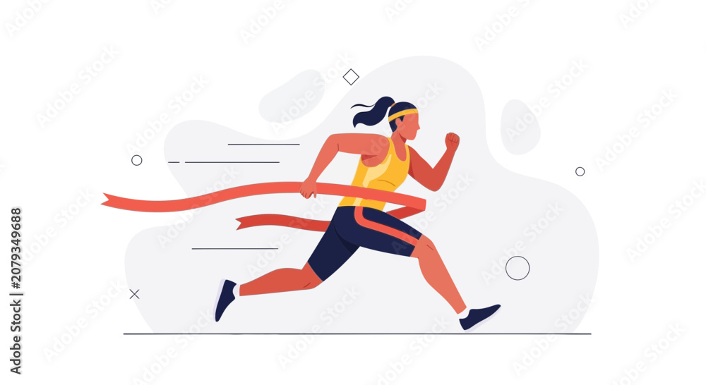 Fototapeta premium Woman Runner Crosses Finish Line, Victory and Achievement Concept