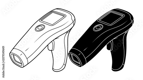 Foto Infrared Thermometer Duo: A stark white and a deep black infrared thermometer stand side-by-side, their digital displays and trigger grips clearly visible, symbolizing precise temperature measurement