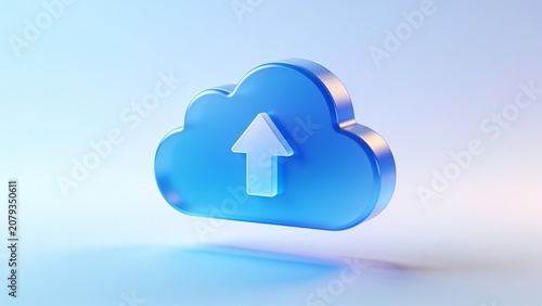 3D Rendered Blue Cloud Computing Upload Icon Representing Digital Data Storage and Network Information Transfer for Modern Cloud Infrastructure