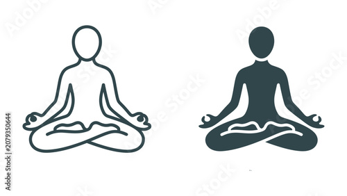 Fotografie Zen Meditation Icons: Two stylized figures in a meditative pose, one outlined and the other silhouetted, symbolize peace, mindfulness, and inner calm