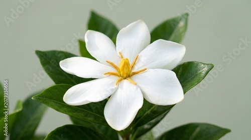 A delicate white flower with smooth curved petals and bright yellow-orange stamens, framed by green leaves, photographed against a plain background, symbolizing purity, freshness, and natural beauty.