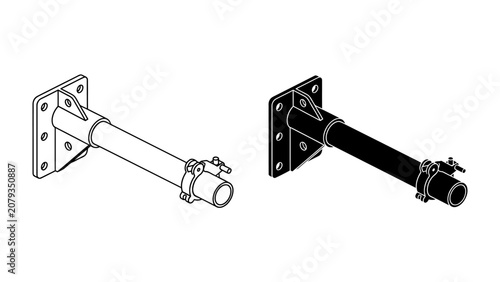 Foto Mounting Bracket Set: A set of two mounting brackets, one in line drawing and the other in silhouette, showcasing a sturdy metal pipe fitting designed for secure attachment