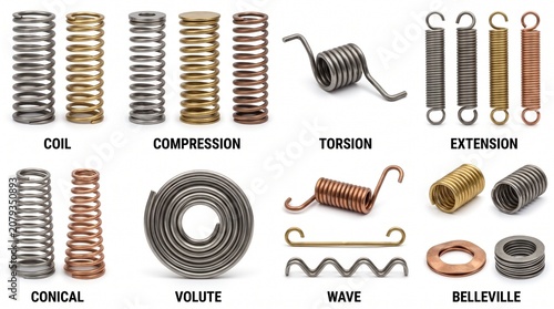 A categorized collection of mechanical springs displayed on white background, including compression, torsion, extension, drawbar, flat, constant force, wave, and disc springs, emphasizing design and f