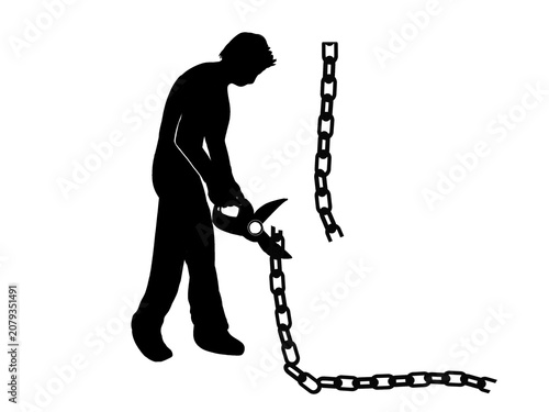 Foto Man cutting chain with bolt cutter, debt freedom concept silhouette