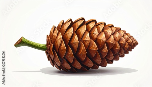 A brown pine cone with overlapping spiral scales and a greenish stem, digitally rendered against a plain background, symbolizing natural geometry, Fibonacci patterns, and conifer seed protection.
